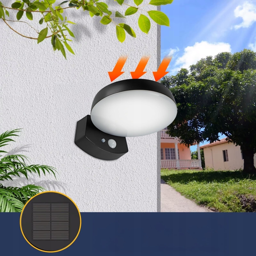 LED Stmívatelné solární nástěnné svítidlo se senzorem LED/3W/3,7V 1800 mAh IP54 černá