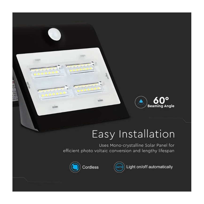 LED Solární nástěnné svítidlo se senzorem LED/3W/3,7V 3000/4000K IP65 2000 mAh černá