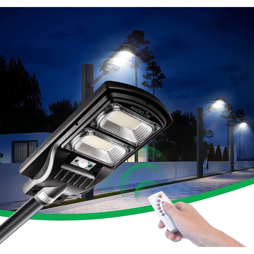 LED Stmívatelná solární pouliční lampa se senzorem LED/120W/6V 6500K IP65 černá + dálkové ovládání