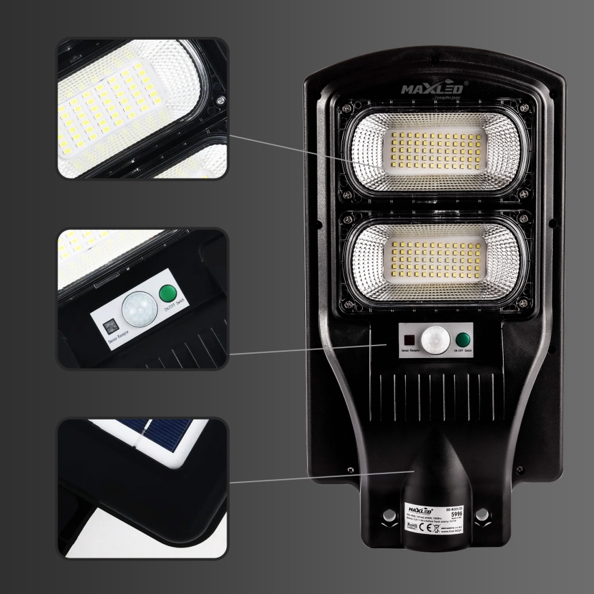 LED Stmívatelná solární pouliční lampa se senzorem LED/120W/6V 6500K IP65 černá + dálkové ovládání
