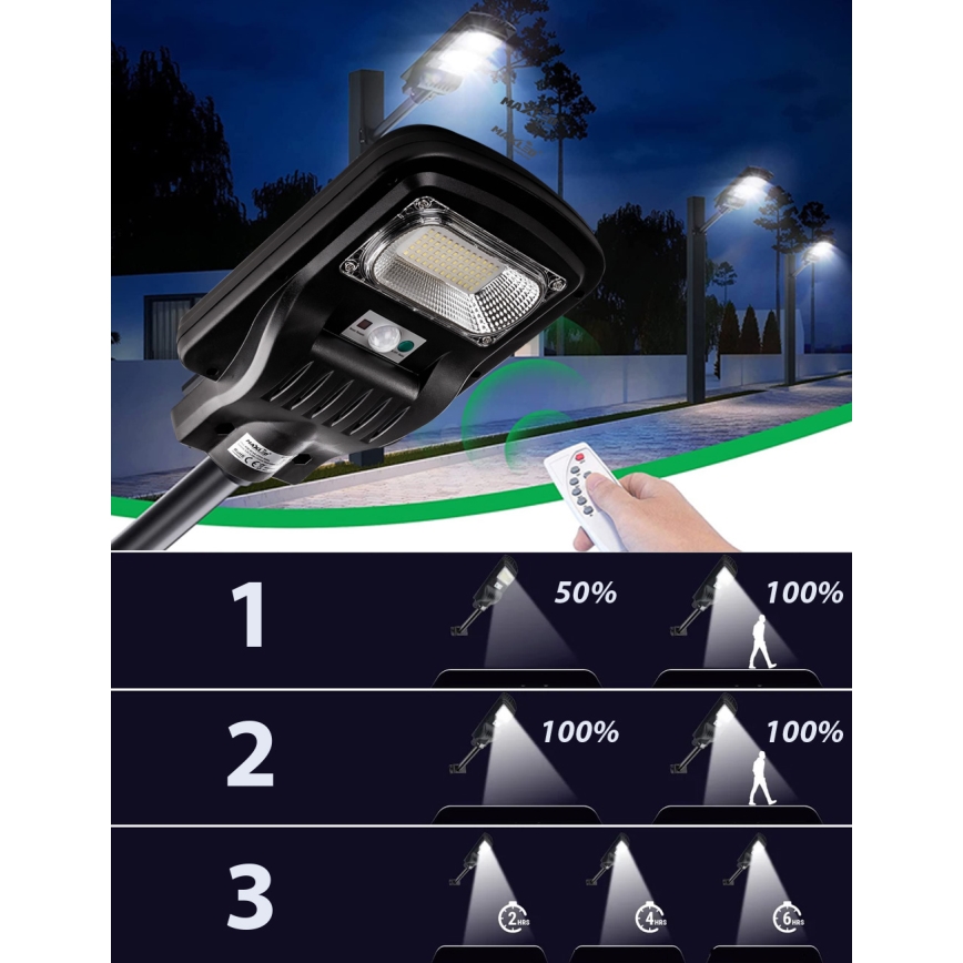 LED Stmívatelná solární pouliční lampa se senzorem LED/150W/6V 6500K IP65 černá + dálkové ovládání