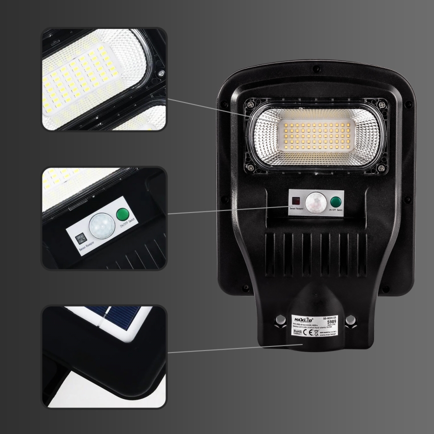 LED Stmívatelná solární pouliční lampa se senzorem LED/150W/6V 6500K IP65 černá + dálkové ovládání