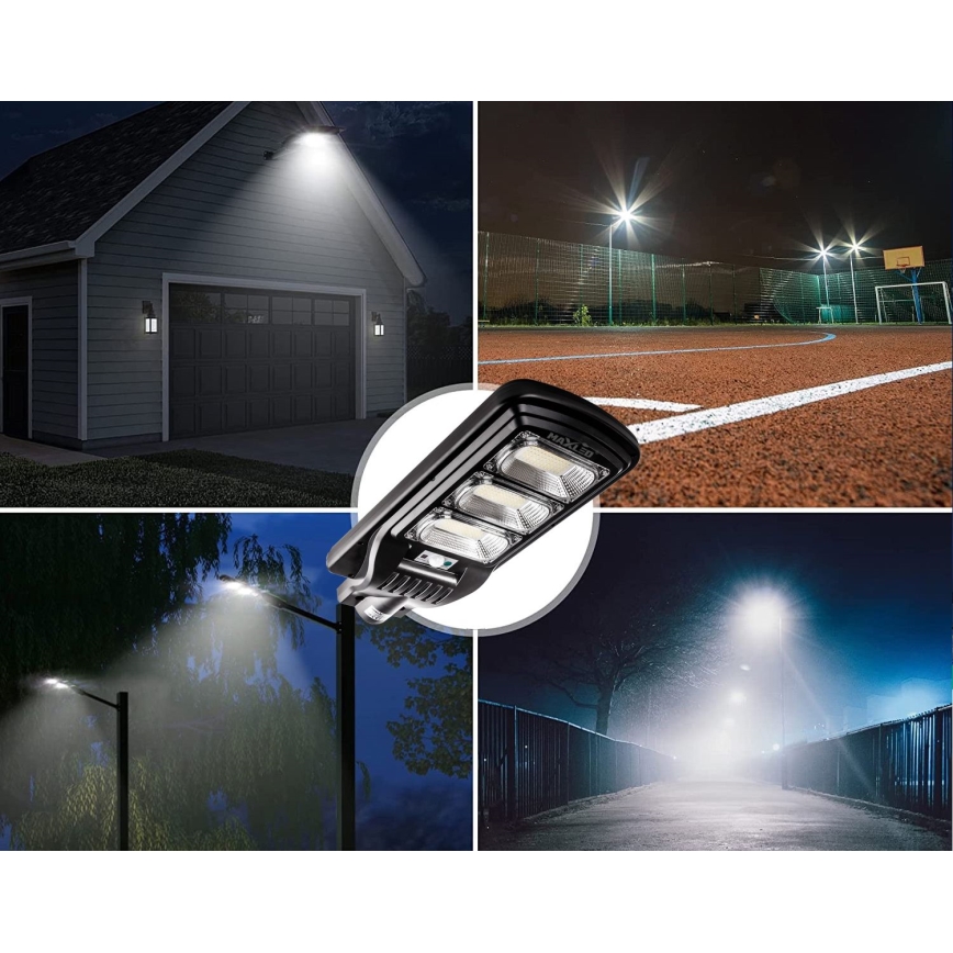 LED Stmívatelná solární pouliční lampa se senzorem LED/180W/6V 6500K IP65 černá + dálkové ovládání