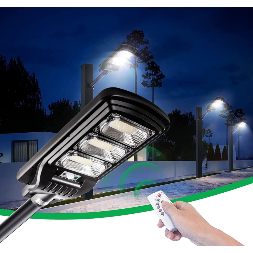LED Stmívatelná solární pouliční lampa se senzorem LED/180W/6V 6500K IP65 černá + dálkové ovládání
