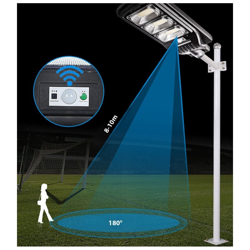 LED Stmívatelná solární pouliční lampa se senzorem LED/180W/6V 6500K IP65 černá + dálkové ovládání