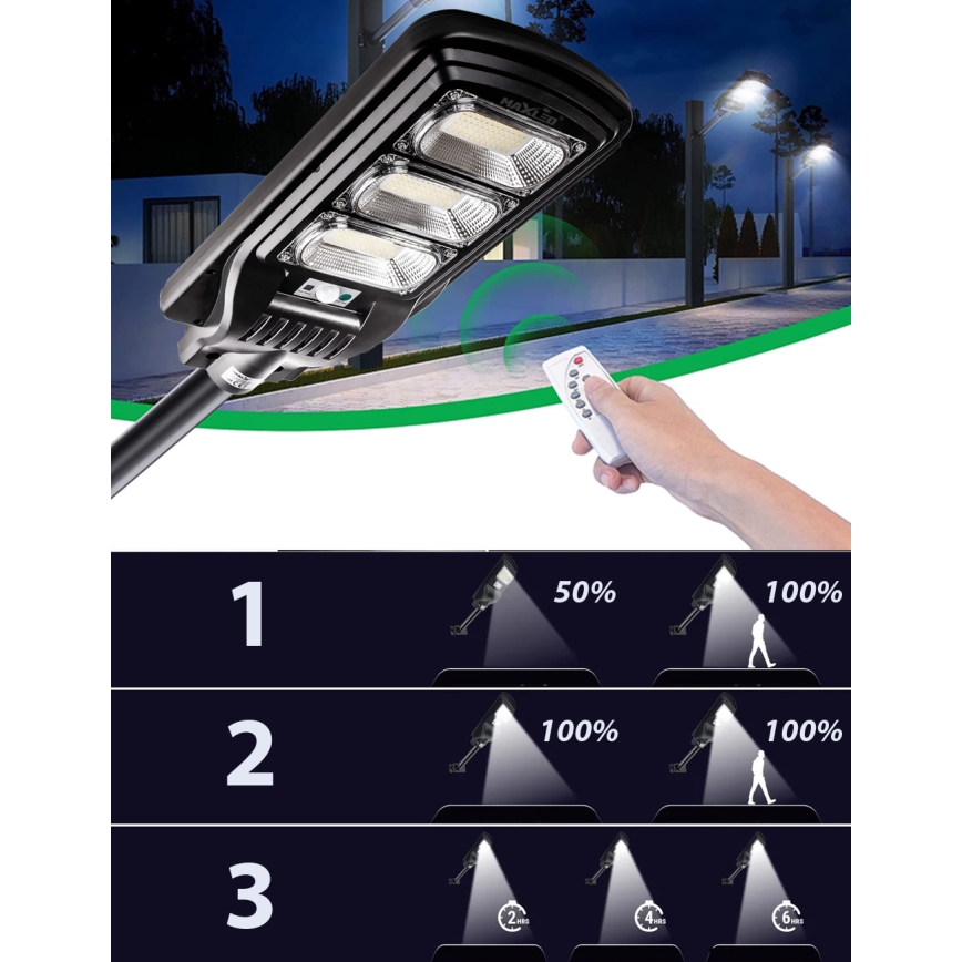 LED Stmívatelná solární pouliční lampa se senzorem LED/180W/6V 6500K IP65 černá + dálkové ovládání