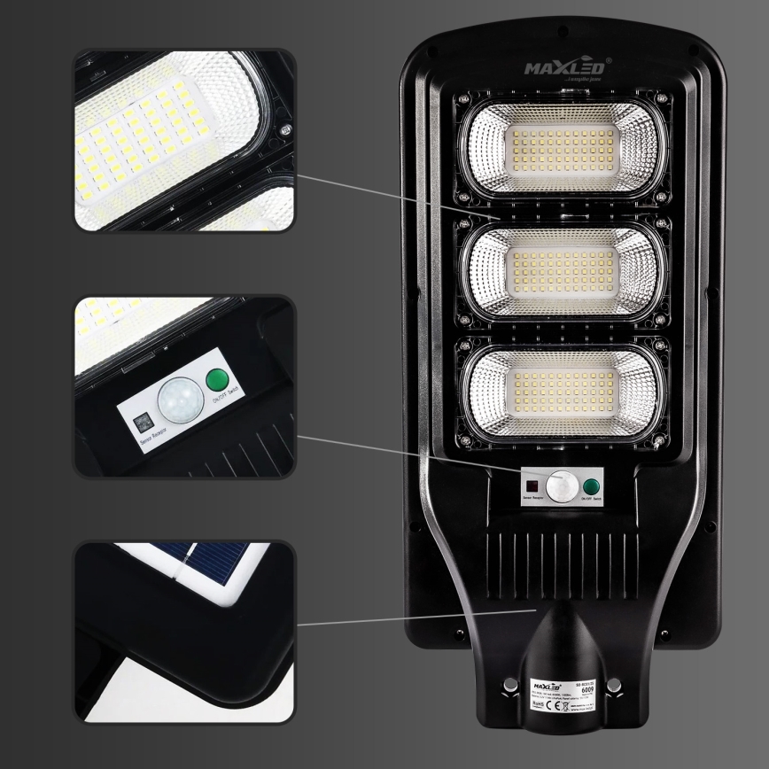 LED Stmívatelná solární pouliční lampa se senzorem LED/180W/6V 6500K IP65 černá + dálkové ovládání