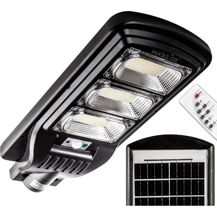 LED Stmívatelná solární pouliční lampa se senzorem LED/180W/6V 6500K IP65 černá + dálkové ovládání