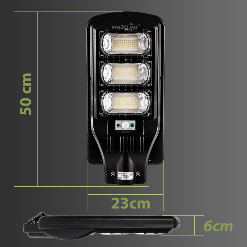 LED Stmívatelná solární pouliční lampa se senzorem LED/180W/6V 6500K IP65 černá + dálkové ovládání