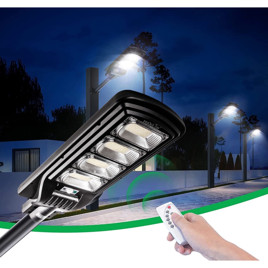 LED Stmívatelná solární pouliční lampa se senzorem LED/240W/6V 6500K IP65 černá + dálkové ovládání