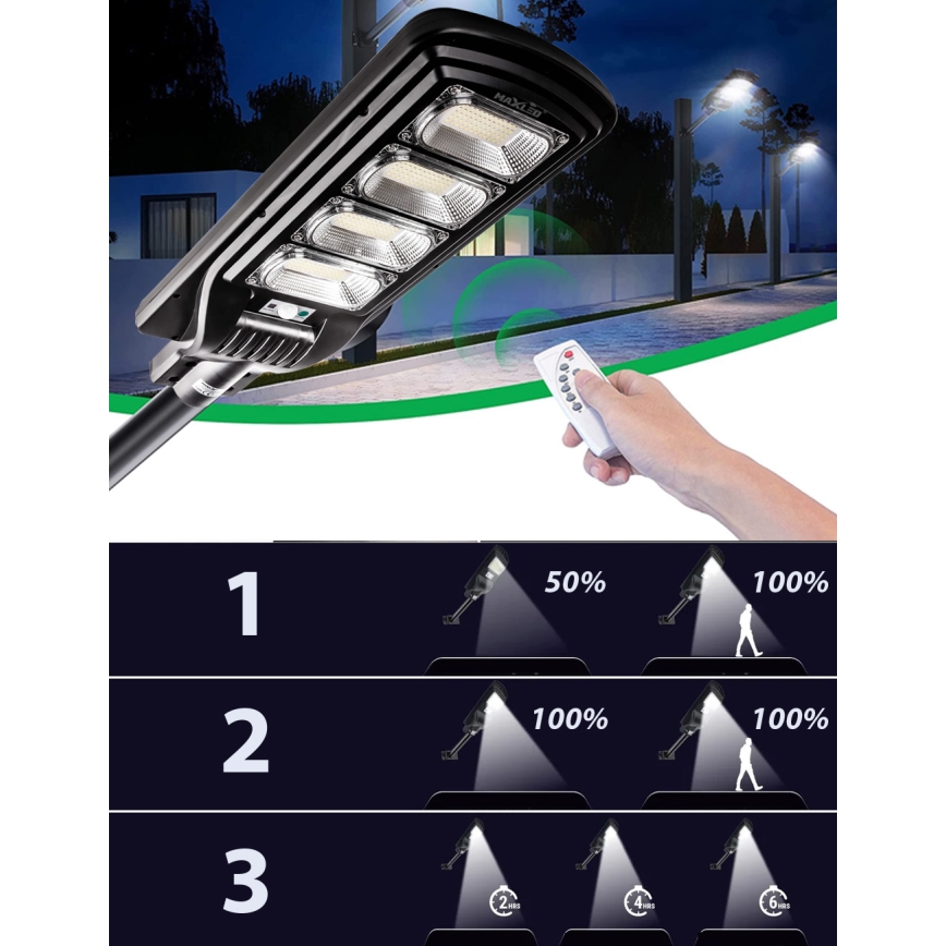 LED Stmívatelná solární pouliční lampa se senzorem LED/240W/6V 6500K IP65 černá + dálkové ovládání