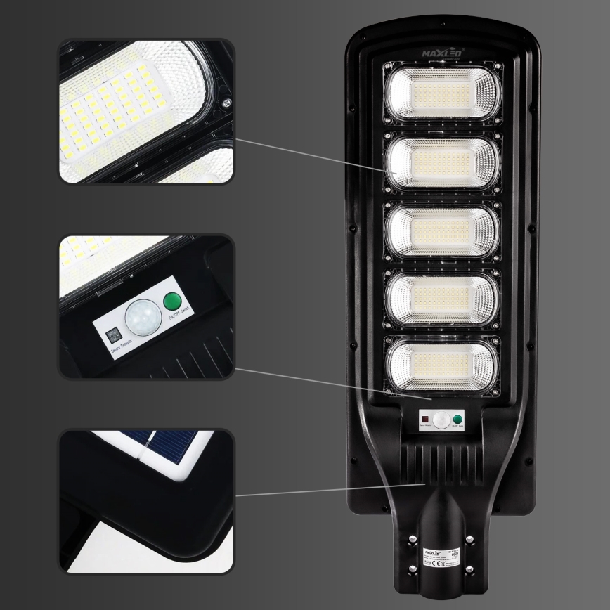 LED Stmívatelná solární pouliční lampa se senzorem LED/300W/6V 6500K IP65 černá + dálkové ovládání