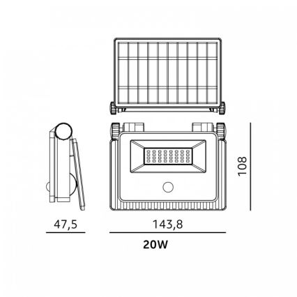 LED Solární reflektor se senzorem NCS G2 LED/20W/3,7V 3000/4000/6500K IP54 2600 mAh