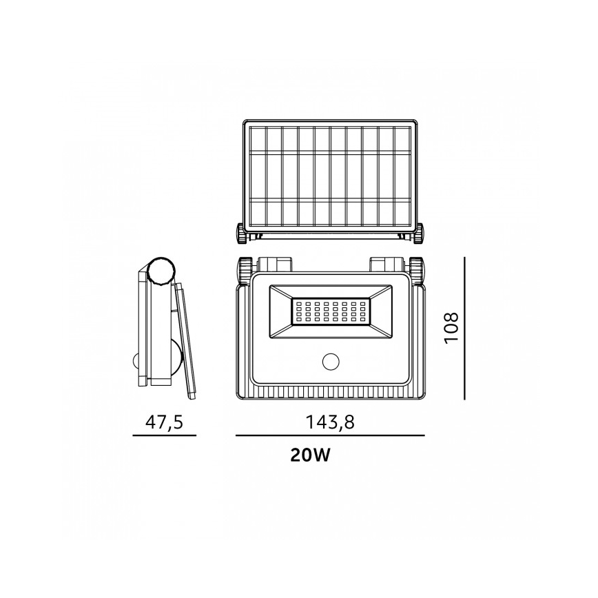LED Solární reflektor se senzorem NCS G2 LED/20W/3,7V 3000/4000/6500K IP54 2600 mAh