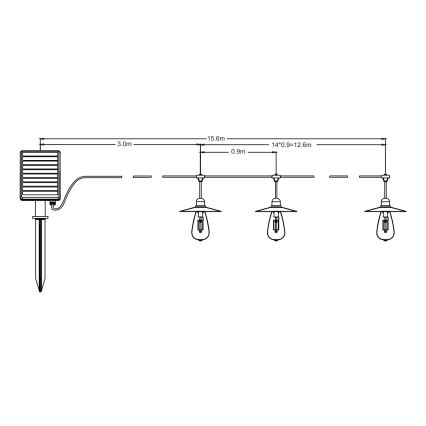 LED Solární řetěz 15xLED/0,2W/3,7V 15,6 m 3000K IP44