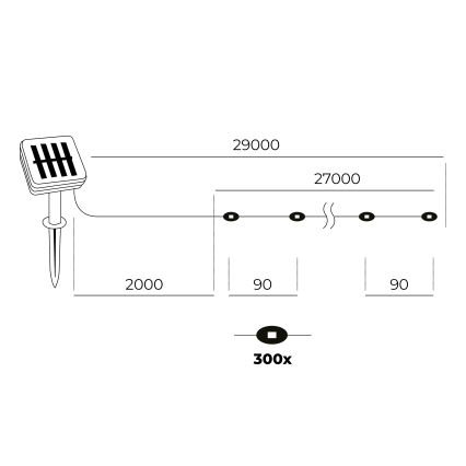 LED - Solární řetěz 300xLED/0,12W/1,2V 1xAA 27 m IP44 3000K 800 mAh