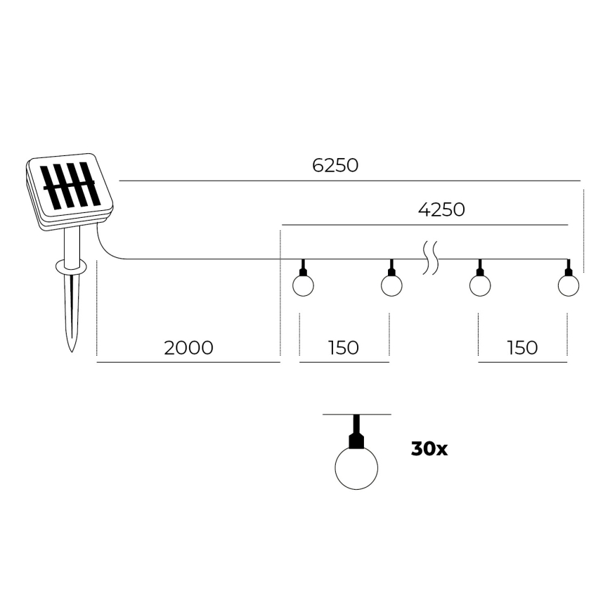 LED Solární řetěz 30xLED/0,12W/1,2V 1xAA 3000K IP44 400 mAh
