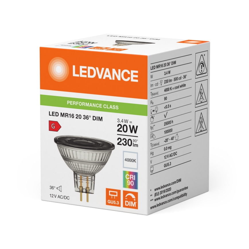 LED Stmívatelná reflektorová žárovka MR16 GU5,3/3,4W/12V 4000K 36° CRI 90 - Ledvance