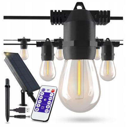 LED Stmívatelný solární dekorační řetěz 10xE27/0,3W/3/5V USB 2400 mAh 10,62 m IP65 černá + dálkové ovládání