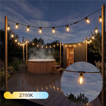 LED Stmívatelný solární dekorační řetěz 20xE27/0,3W/3/5V USB 2400 mAh 20,62 m IP65 černá + dálkové ovládání