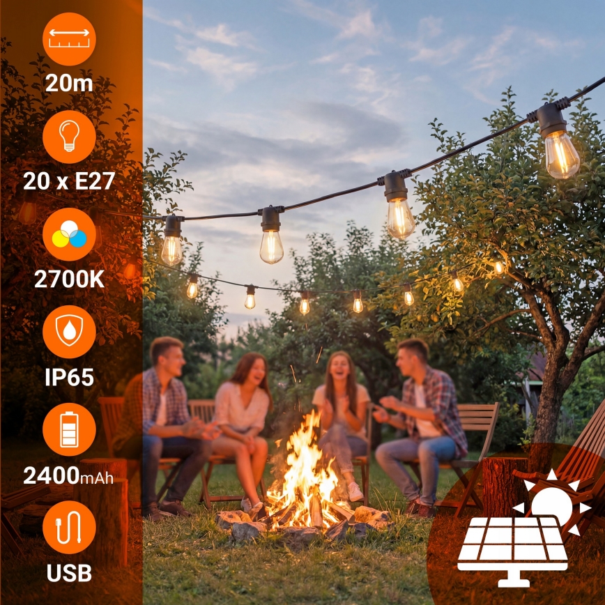 LED Stmívatelný solární dekorační řetěz 20xE27/0,3W/3/5V USB 2400 mAh 20,62 m IP65 černá + dálkové ovládání
