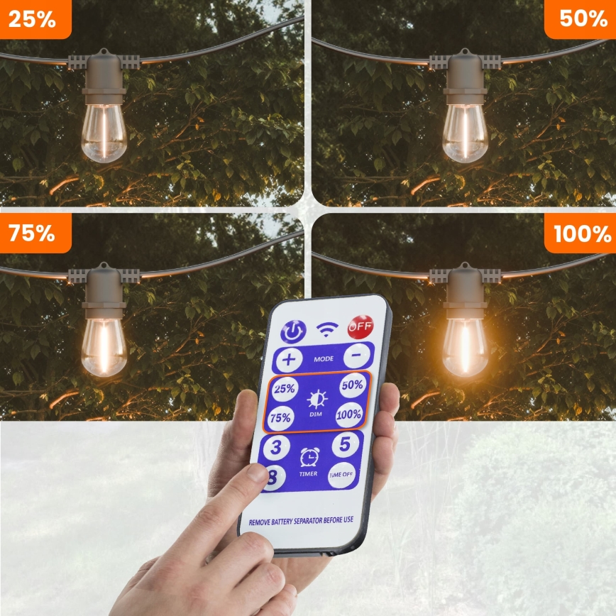 LED Stmívatelný solární dekorační řetěz 20xE27/0,3W/3/5V USB 2400 mAh 20,62 m IP65 černá + dálkové ovládání