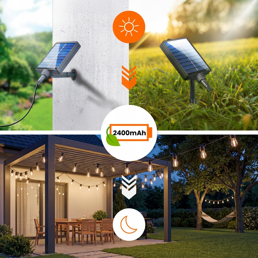 LED Stmívatelný solární dekorační řetěz 20xE27/0,3W/3/5V USB 2400 mAh 20,62 m IP65 černá + dálkové ovládání