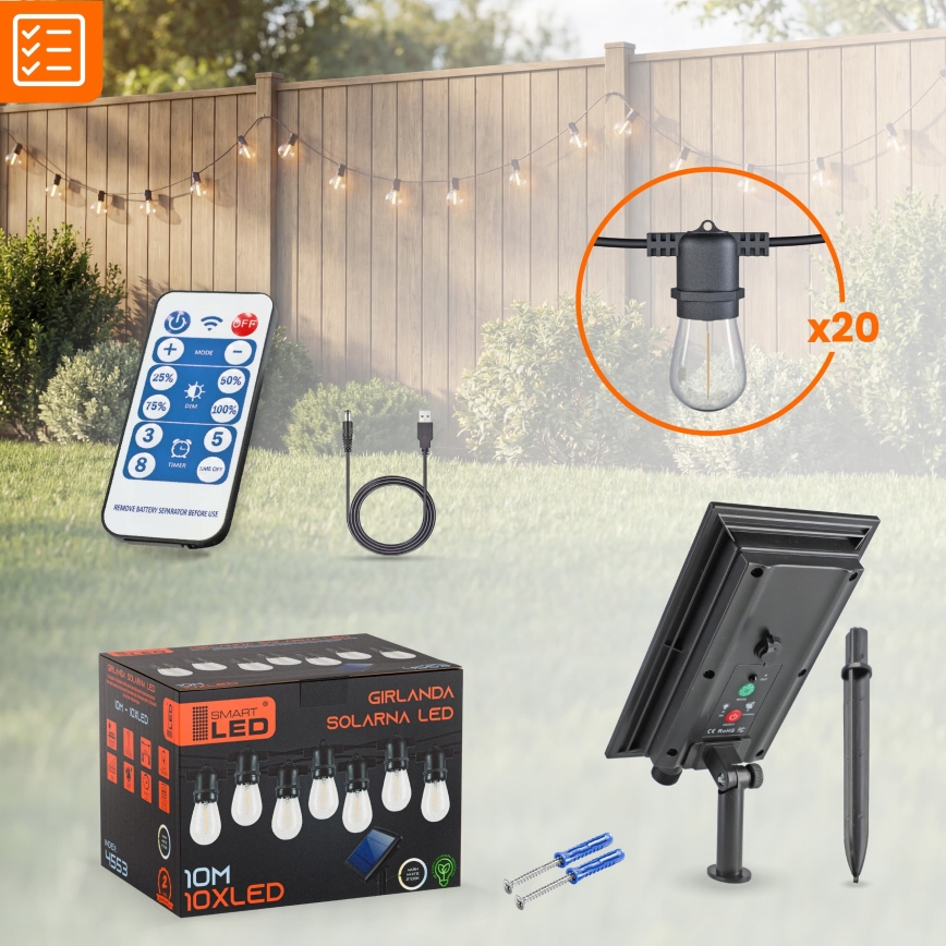LED Stmívatelný solární dekorační řetěz 20xE27/0,3W/3/5V USB 2400 mAh 20,62 m IP65 černá + dálkové ovládání