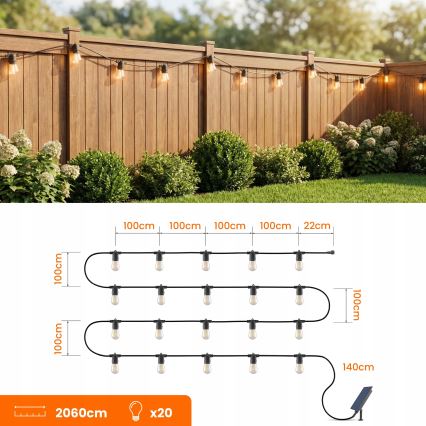 LED Stmívatelný solární dekorační řetěz 20xE27/0,3W/3/5V USB 2400 mAh 20,62 m IP65 černá + dálkové ovládání