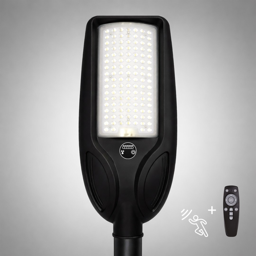 LED Stmívatelná solární pouliční lampa se senzorem VENICE LED/100W/3,2V 6000 mAh IP65 černá + dálkové ovládání