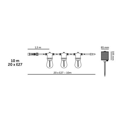 LED Stmívatelný solární dekorační řetěz STARLIGHT NEO 20xE27/3,7V 2700K IP54 1200 mAh 11,5m + dálkové ovládání