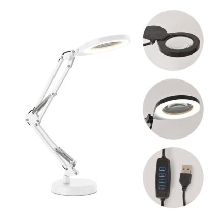 LED Stmívatelná stolní lampa s lupou 2v1 AURIQ LOUPE LED/10W/5V 3000/4000/6500K bílá
