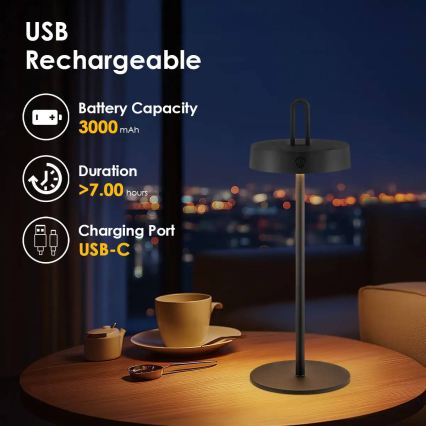 LED Stmívatelná venkovní nabíjecí dotyková stolní lampa SHINE LED/1,5W/3,7V 3000 mAh IP44 černá
