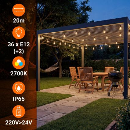 LED Stmívatelný venkovní dekorační řetěz 36xE12/1W/24/230V 22,35 m IP65 černá + dálkové ovládání