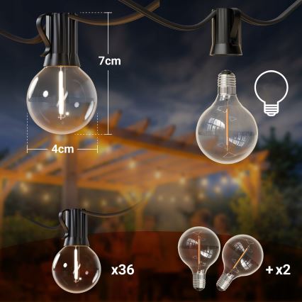 LED Stmívatelný venkovní dekorační řetěz 36xE12/1W/24/230V 22,35 m IP65 černá + dálkové ovládání