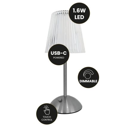 LED Stmívatelná dotyková nabíjecí stolní lampa ELBA LED/1,6W/800 mAh matný chrom/čirá