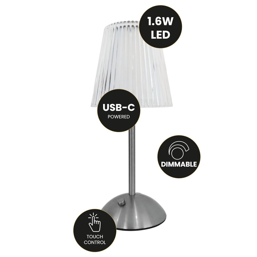 LED Stmívatelná dotyková nabíjecí stolní lampa ELBA LED/1,6W/800 mAh matný chrom/čirá