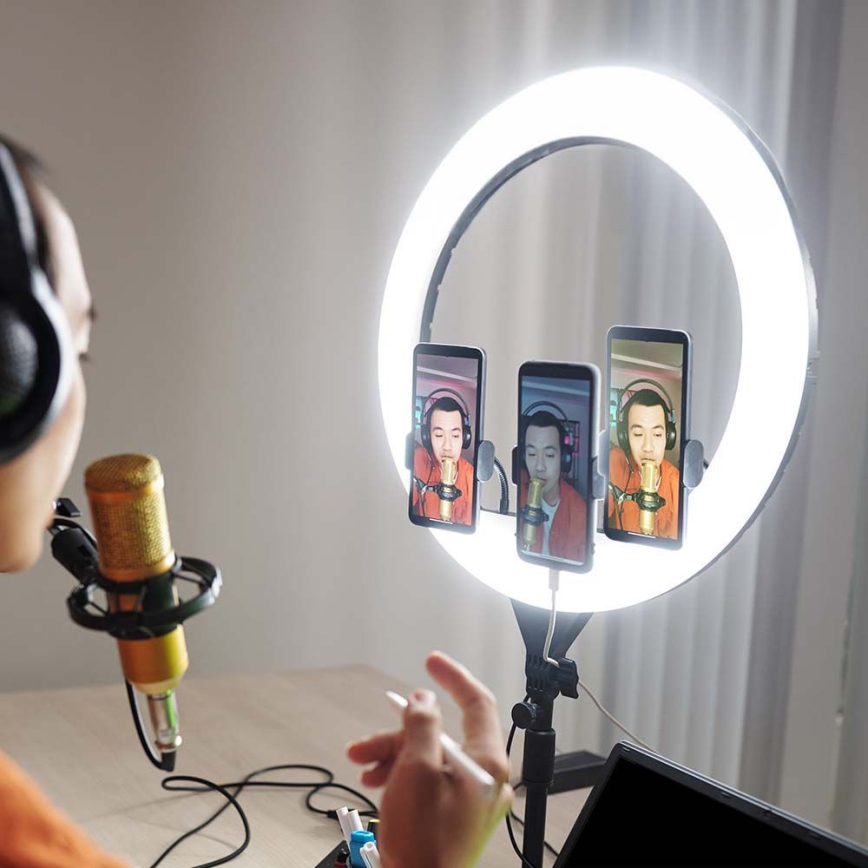 LED Stmívatelná lampa se stojanem a držákem pro vlogování LED/55W/230V CRI 90 + dálkové ovládání