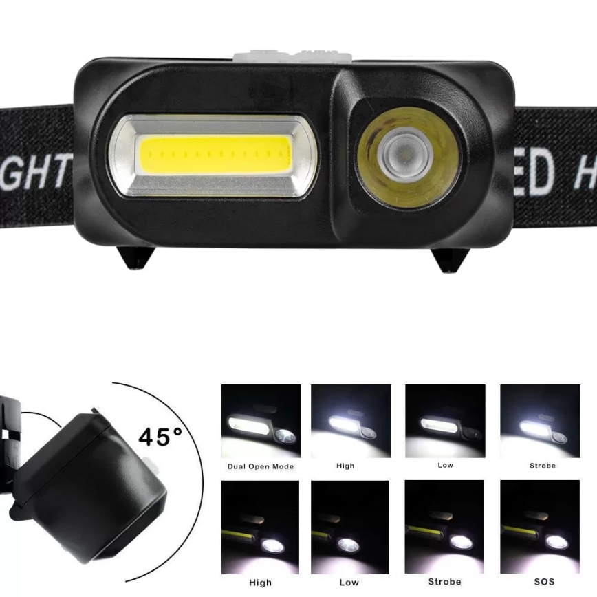 LED Stmívatelná nabíjecí čelovka 2xLED/5V IP44 210 lm 2000 mAh