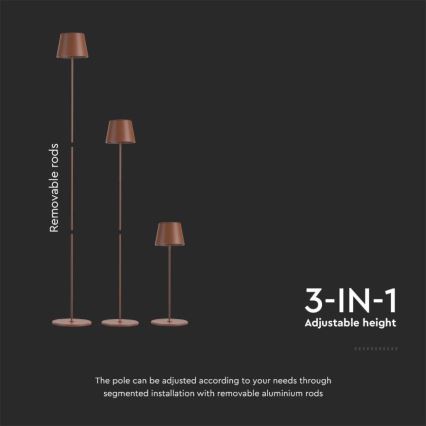 LED Stmívatelná nabíjecí stojací lampa 3v1 LED/4W/5V 4400 mAh 3000K IP54 hnědá