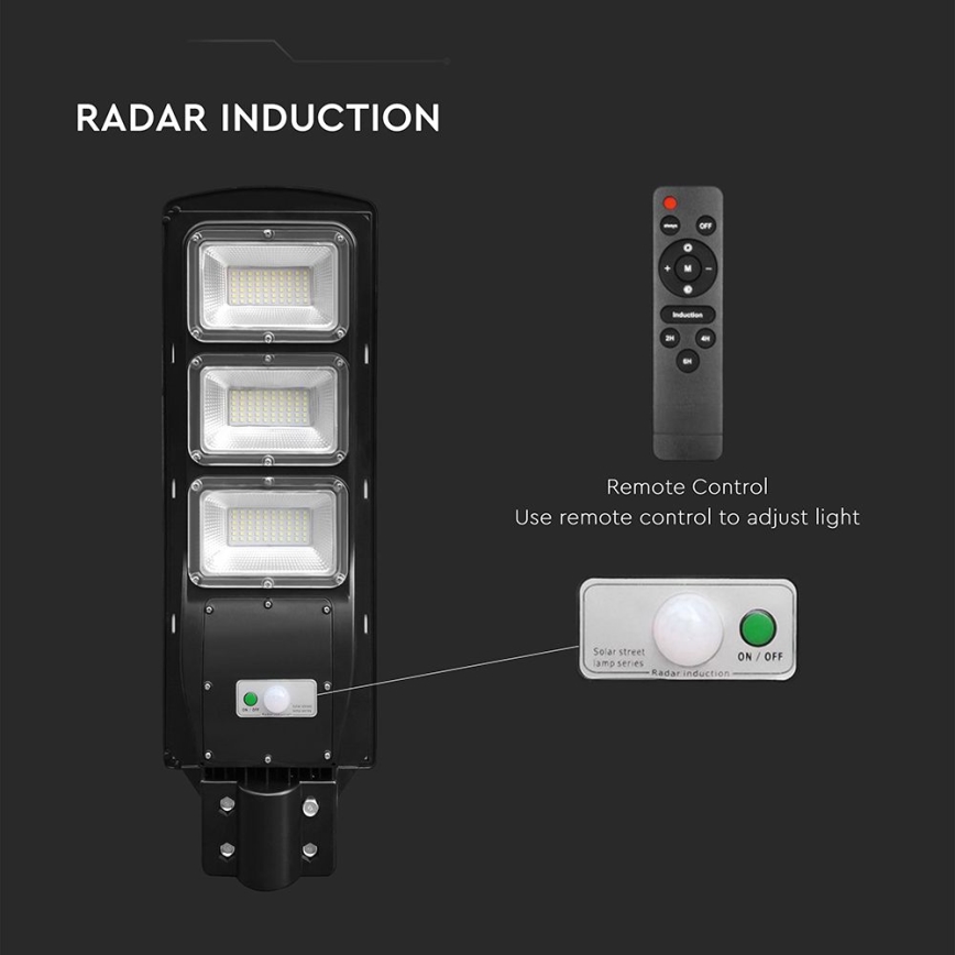 LED Stmívatelná solární pouliční lampa se senzorem pohybu a soumraku LED/12W/3,2V 6000K IP65 10000 mAh černá + dálkové ovládání