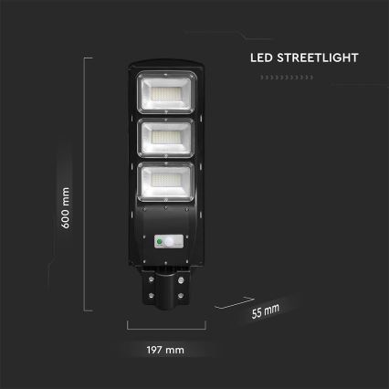 LED Stmívatelná solární pouliční lampa se senzorem pohybu a soumraku LED/12W/3,2V 6000K IP65 10000 mAh černá + dálkové ovládání