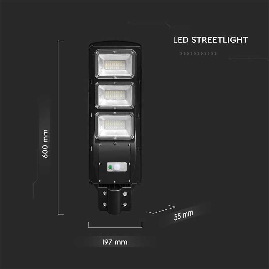 LED Stmívatelná solární pouliční lampa se senzorem pohybu a soumraku LED/12W/3,2V 6000K IP65 10000 mAh černá + dálkové ovládání