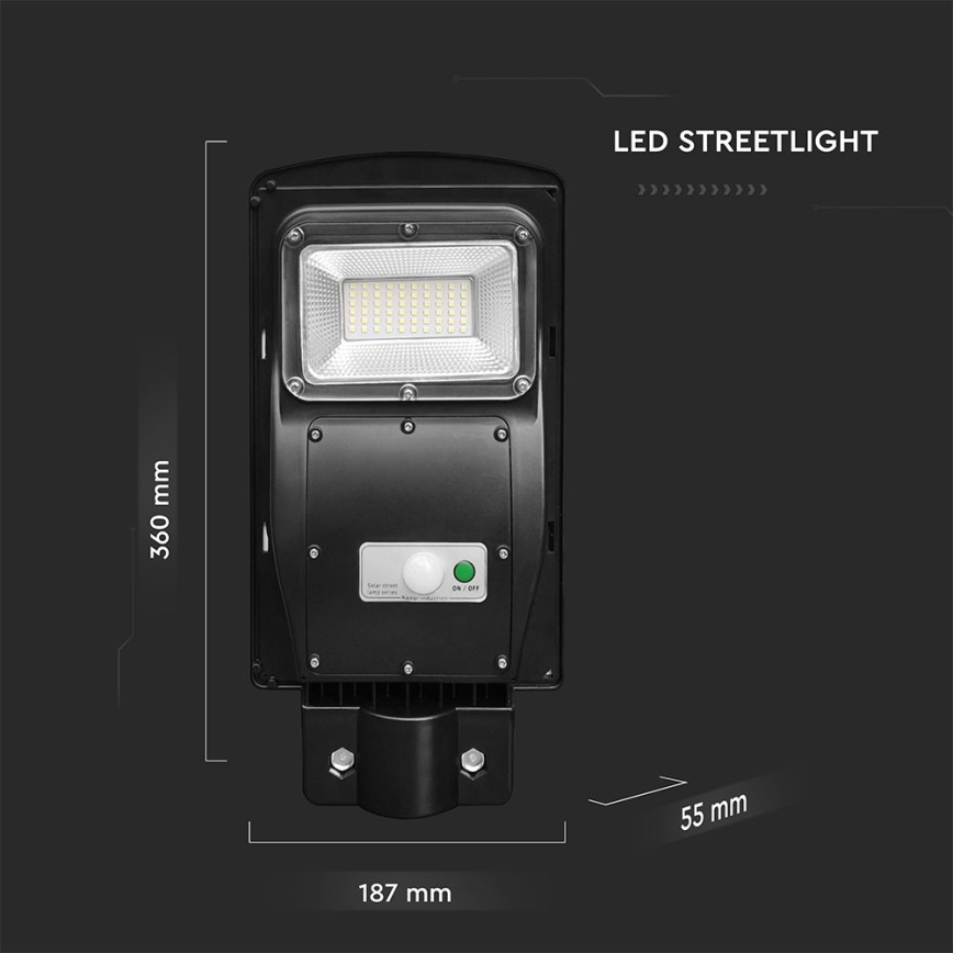 LED Stmívatelná solární pouliční lampa se senzorem pohybu a soumraku LED/6W/3,2V 6000K IP65 5000 mAh černá + dálkové ovládání