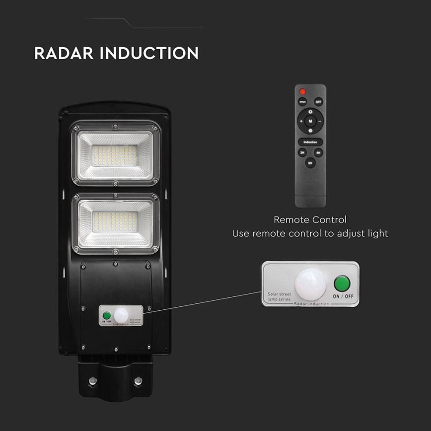 LED Stmívatelná solární pouliční lampa se senzorem pohybu a soumraku LED/8W/3,2V 6000K IP65 9000 mAh černá + dálkové ovládání