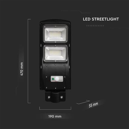 LED Stmívatelná solární pouliční lampa se senzorem pohybu a soumraku LED/8W/3,2V 6000K IP65 9000 mAh černá + dálkové ovládání