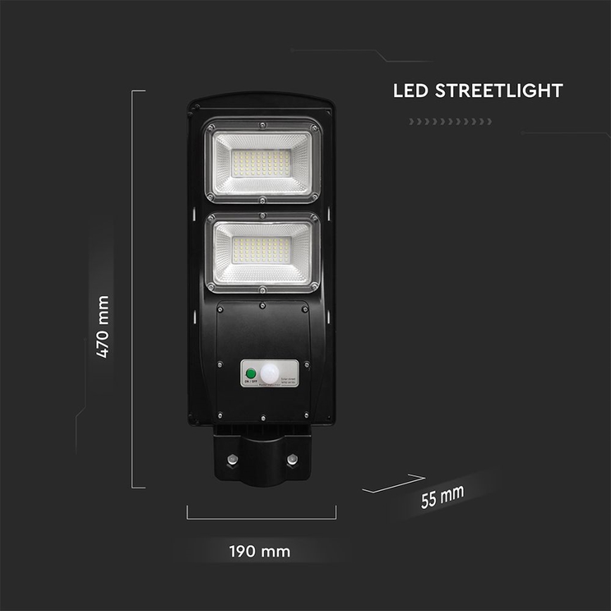 LED Stmívatelná solární pouliční lampa se senzorem pohybu a soumraku LED/8W/3,2V 6000K IP65 9000 mAh černá + dálkové ovládání