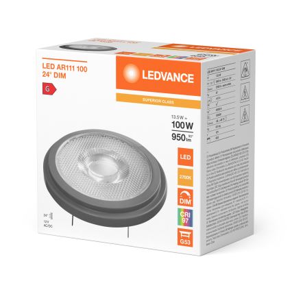 LED Stmívatelná žárovka AR111 G53/13,5W/12V 2700K 24° CRI 97 - Ledvance