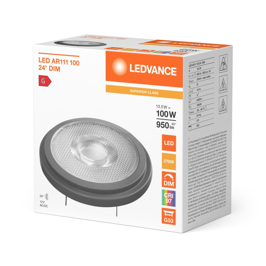 LED Stmívatelná žárovka AR111 G53/13,5W/12V 2700K 24° CRI 97 - Ledvance