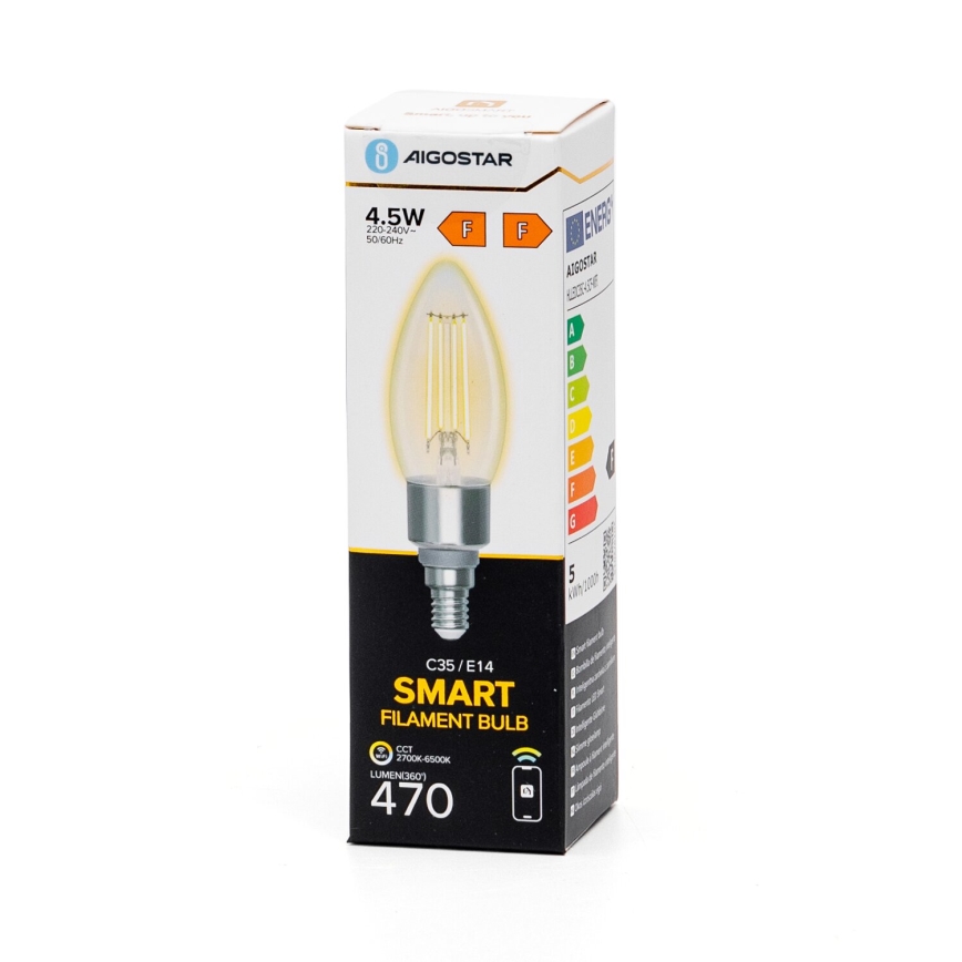 LED Stmívatelná žárovka FILAMENT C35 E14/4,5W/230V 2700-6500K Wi-Fi - Aigostar